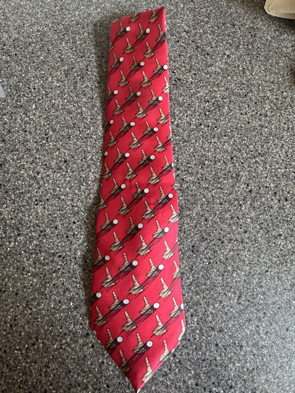 Vintage Spencer & Lowe Golf Club Golf Ball Novelty Tie Red 100% Silk Made USA